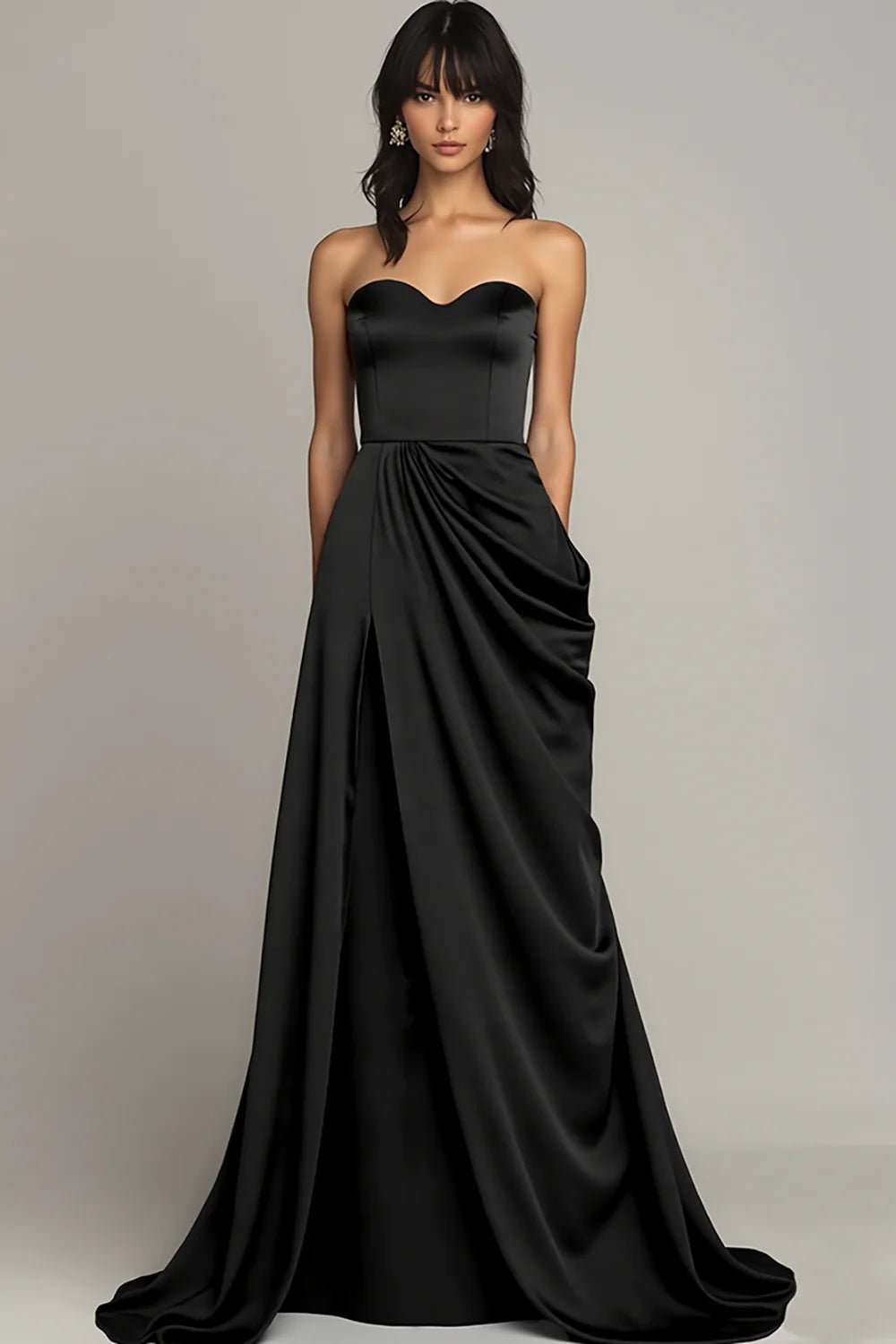 Strapless Black Satin Ruched A Line Long Formal Dress
